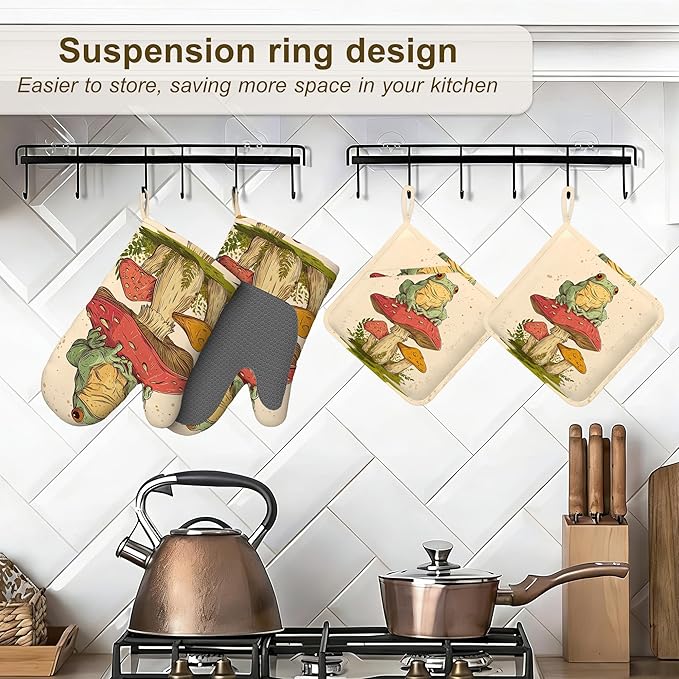 Green Frog Oven Mitts and Pot Holders Sets,Silicone Mushroom Kitchen Mitts Potholders Heat Resistant 4Pcs Oven Gloves Hot Pads for Kitchen Baking Cooking