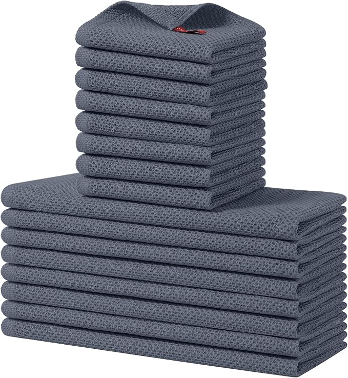 Homaxy 100% Cotton Kitchen Towels and Dishcloths Set, 12 x 12 Inches and 13 x 28 Inches, Set of 16 Bulk Kitchen Towels Set, Ultra Soft Absorbent Dish Cloths for Washing Dishes, Dark Grey