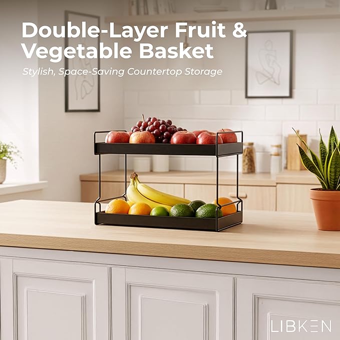 Libken 2-Tier Fruit Basket for Kitchen Counter – Black Powder Coated Metal Fruit Stand – Minimal Scandinavian Design Countertop Organizer for Fruits, Vegetables, Bread, Snacks – Sturdy & Easy Assembly