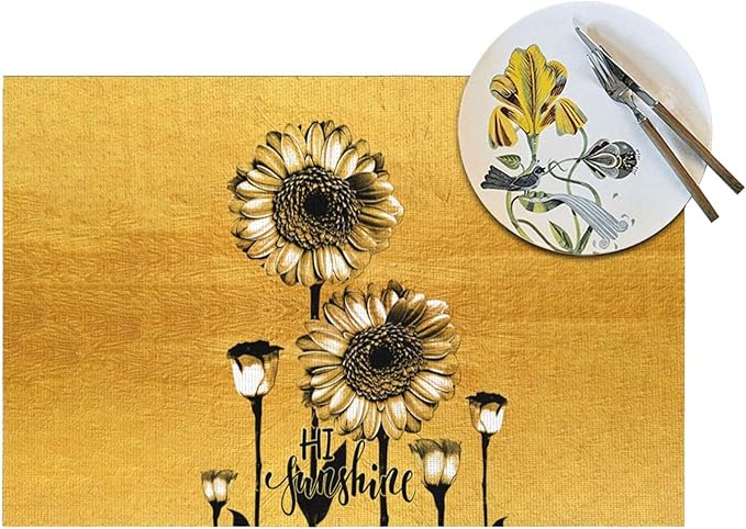 Sunflower Placemats Set of 4, Summer Table Mats for Dining Table, Heat Resistant Washable Linen Gold Place Mats for Kitchen Party Home Farmhouse Decor 12x18 Inch