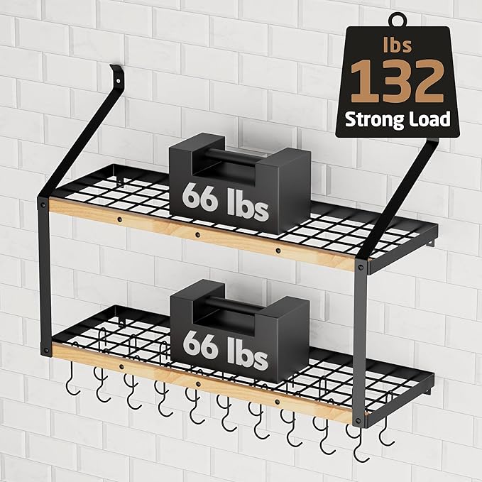 KES 132lb Heavy Duty Hanging Pot Rack Wall Mounted, 34 Inch Solid Wood Pot Rack Wall Mounted with 20 Sturdy Hooks, 2-Tier Wooden Pots Hanger Organizer Matte Black, KUR529S85B-BK