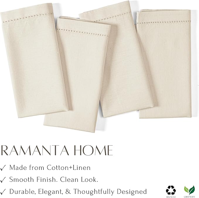 Ramanta Home Decorative Cloth Dinner Napkins Set of 4, 20x20 Inch Natural Hemstitched Flax Cotton Napkins with Mitered Corners, Oversized Use, Parties, Weddings, Spring, Easter Cloth Napkins