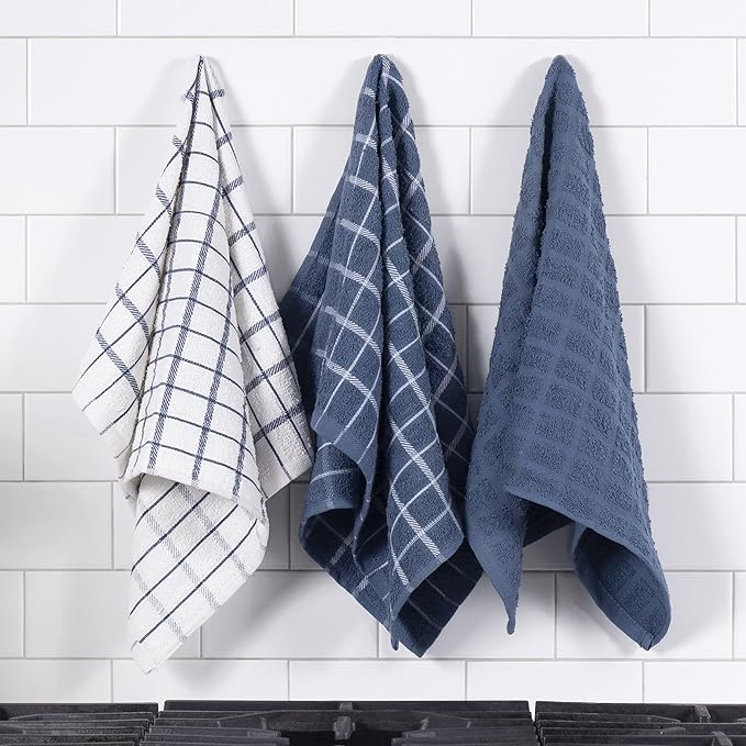 Ritz Premium 100% Cotton Terry Check Kitchen Dish Towels - Highly Absorbent, Super Soft, Long-Lasting, 25"x15", 3-Pack, Federal Blue