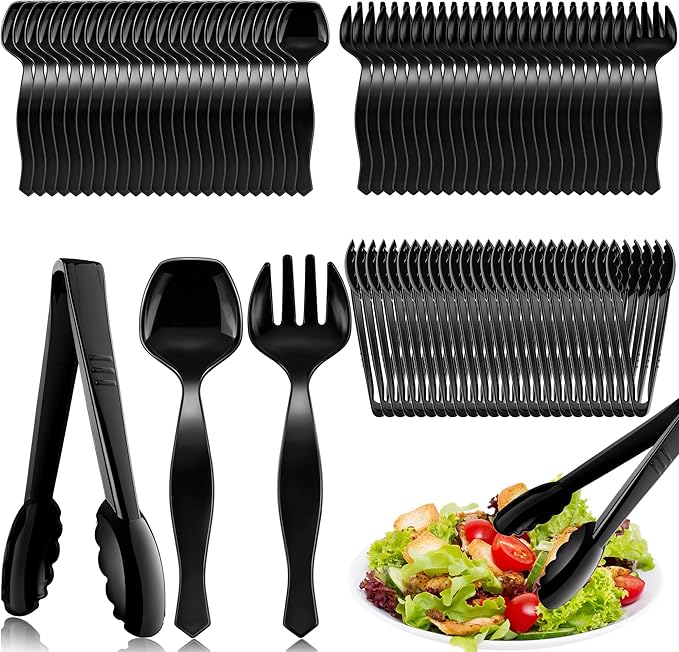Mwellewm 72Pcs Plastic Serving Utensils Set Large Disposable Serving Spoons Fork and Tongs for Serving Food 8.5'' Heavy Duty Black Party Utensil Supplies for Buffet Restaurant Picnic Dinner Salad Soup