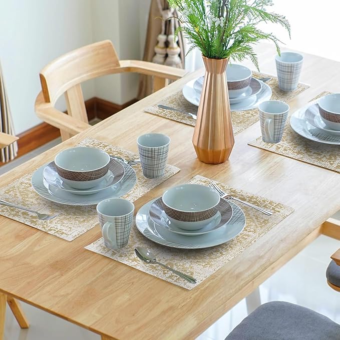 aportt Gray Tan Boho Placemats Set of 6 Ethnic Bohemian Carpet Place Mats Washable Kitchen Dining Vintage Grey Geography Floral Linen Table Mats Stain Heat-Resistant for Home Party Indoor 12x18 in