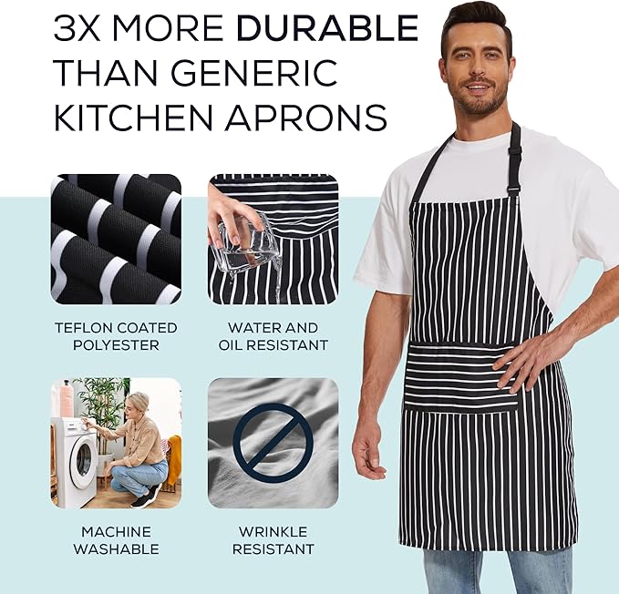 Will Well Kitchen Apron for Men and Women - 33" x 27" Oil-and-Water-Resistant with Adjustable Neck Strap and 38" Waist Ties for a Snug Fit, Lightweight with 2 Front Pockets - 6-Pack, Black