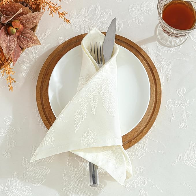 Elrene Home Fashions Elegant Woven Leaves Jacquard Damask Wrinkle Resistant Tablecloth, 60" x 144", Oblong, Ivory