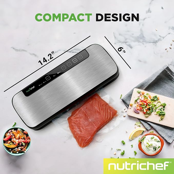 NutriChef Food Vacuum Sealer Machine, 110W Stainless Steel Automatic Chamber Vacuum Sealer with LED Touch Controls, For Food Storage, 5 Reusable Vacuum Bags, Hose & Wine Stopper, 14" x 6" x 3"