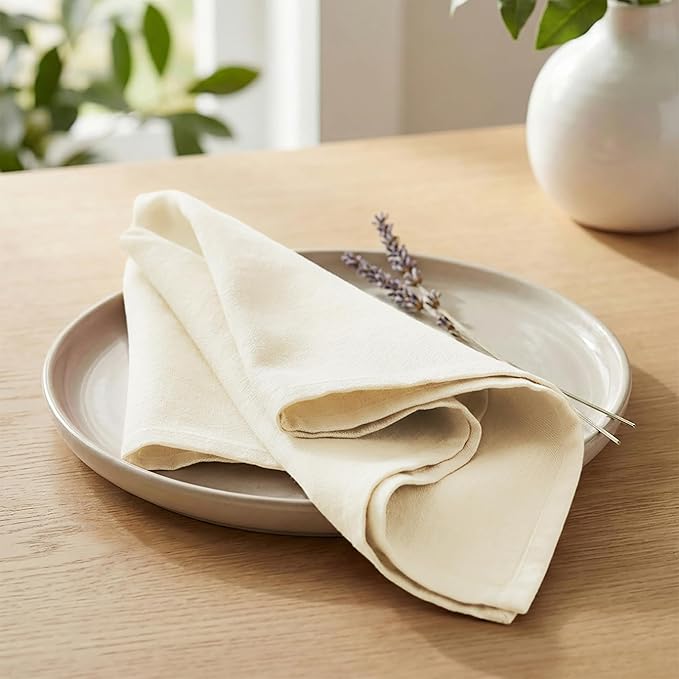 PurpleEssences Set of 12 Cloth Dinner Napkins 100% Cotton 18x18 Inch - Soft Durable Washable - Ideal for Farmhouse Party Spring Easter Summer - Perfect Everyday Use Table Linen - Cream
