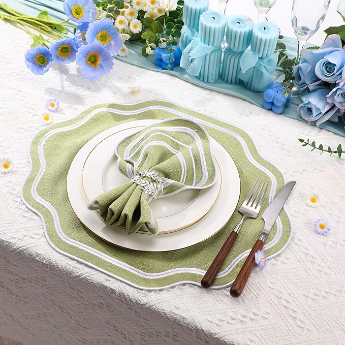 Breling 6 Pcs Wedding Placemats Scalloped Embroidered Cotton Linen Placemats 17" x 13" Double Layered Machine Washable Table Place Mat for Party Table Decor (Sage Green)