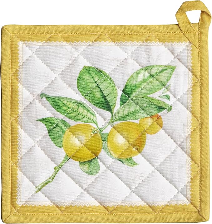 Maison d' Hermine Pot Holders 100% Cotton Heat Resistant Potholders 8" x 8" Hot Pads with Loop BBQ Cooking Baking Gifts for Mothers Day Handling Hot Pans Spring/Summer (Pack of 1, Limoncello)
