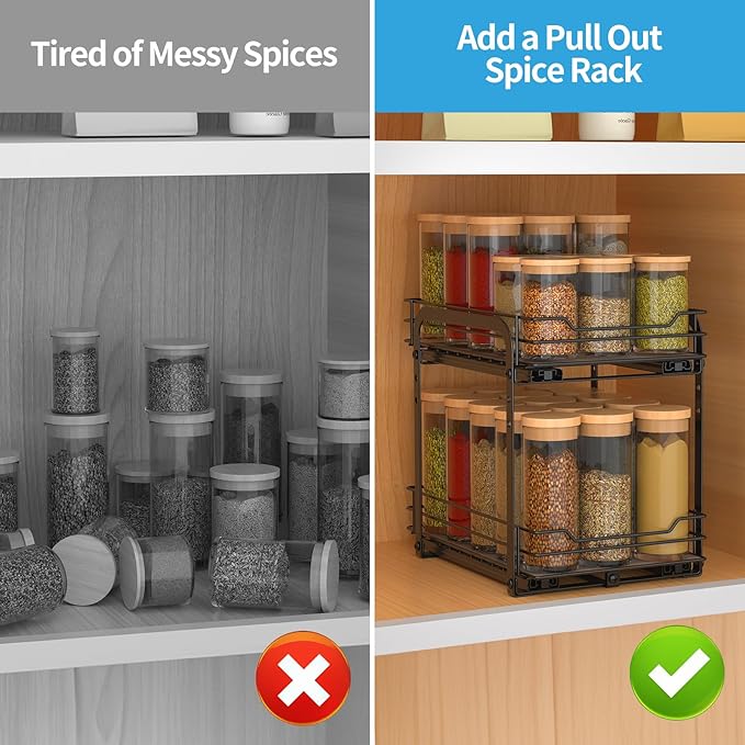 BOIVSHI 2-Tier Spice Rack, Pull Out Spice Racks Organizer for Cabinet, Height Adjustable Heavy Duty Metal Basket for Inside Cabinets & Pantry Closet (7.5''Wx10.5''Dx9.5''H)