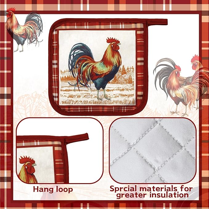 Bencailor 12 Pcs Pot Holders with Pocket Kitchen Hot Potholders Hot Pad Oven Mitts Cookie Bag Oven Gloves for Kitchen Gift Baking Cooking(Bright Red,Red Rooster)