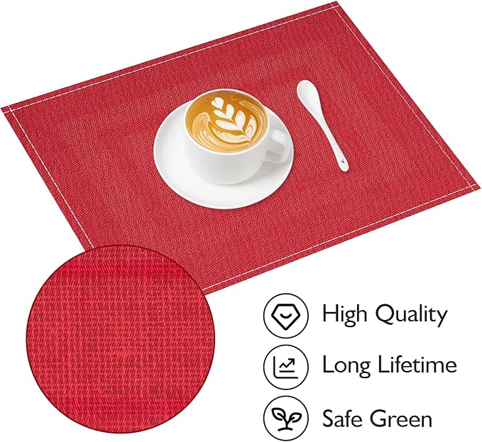 Niviy Christmas Placemats Set of 6, 12x18 Inch Rectangular Placemats for Kitchen Table, Red Placemats for Holiday Party Kitchen Dining Room Decoration