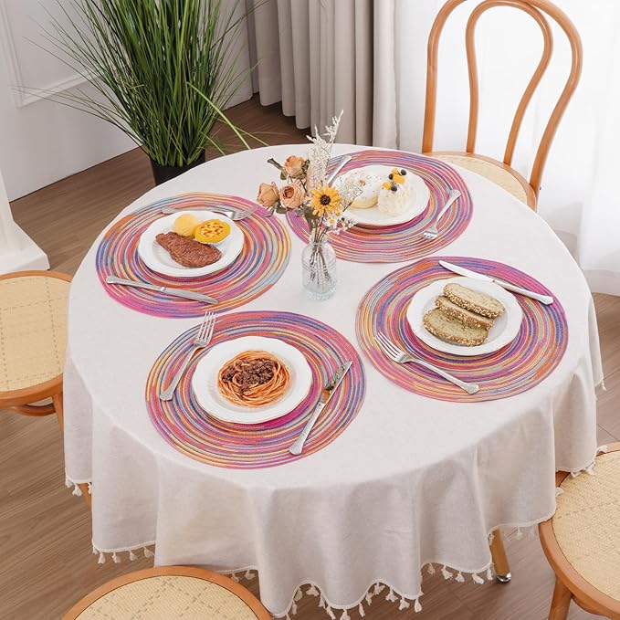 SHACOS 15 inch Round Placemats Set of 6 Variegated Multicolor Place Mats Cotton Polyester Braided Non Slip Washable Heat Resistant Table Mats for Home Wedding Dinner Party Table Decor, Rainbow Pink