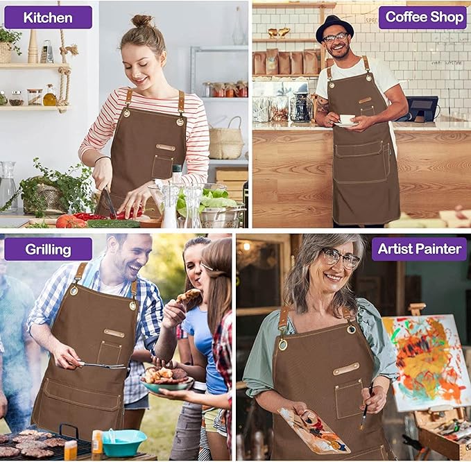 Chef Apron with Cross Back Straps for Men Women, Cotton Canvas Apron for Artists Painting, Kitchen Cooking