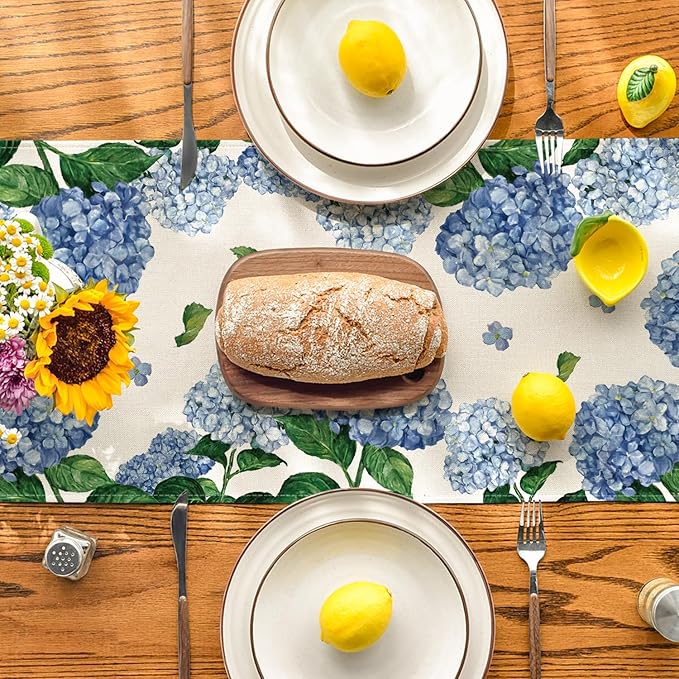Artoid Mode Watercolor Hydrangea Table Runner, Spring Summer Seasonal Kitchen Dining Table Decoration for Indoor Outdoor Home Party Decor 13 x 48 Inch
