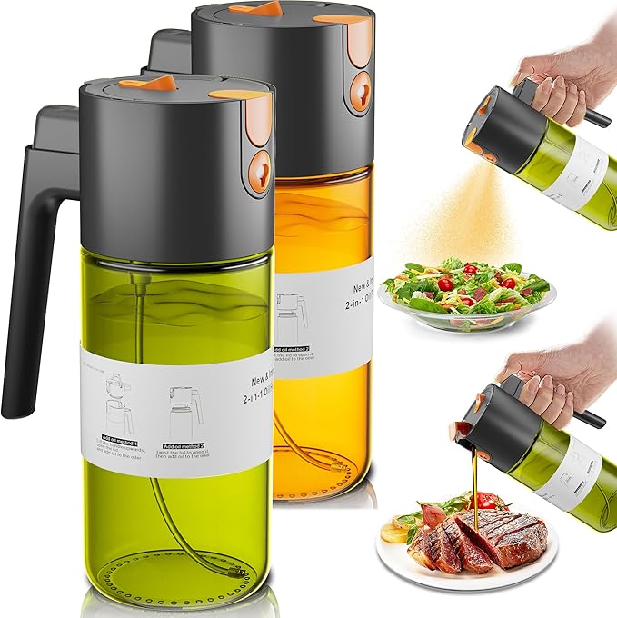 OURCABECUE Upgrade 2 in 1 Oil Sprayer for Cooking, 17oz Light-Blocking Glass Olive Oil Dispenser Bottle for Kitchen (Green+Brown Bottle-Black 2PACK)