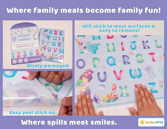 Bright Seed Disposable Placemats for Baby, Toddlers and Kids, 40 Disposable Baby Placemats for Restaurant, Dining Table & Travel, Learning Placemats for Kids, Toddler Travel, Mermaids ABC & Numbers