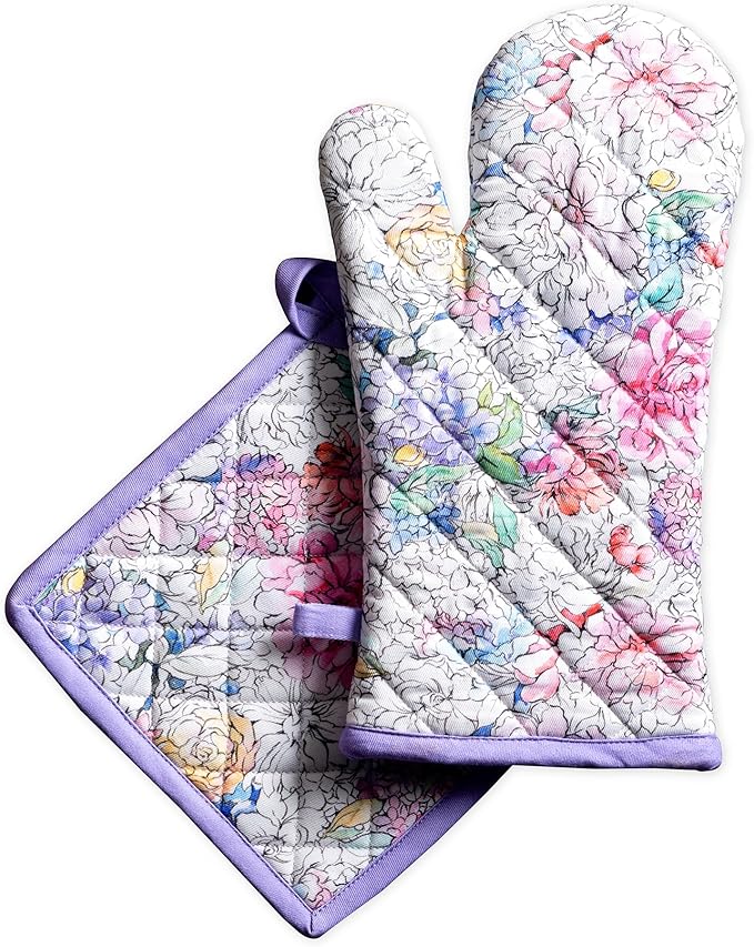Maison d' Hermine 100% Cotton Oven Mitt & Pot Holder Set (7.5"x13" & 8"x8") Heat Resistant BBQ Cooking Gloves with Loop Baking Grilling Kitchen Gifts for Mothers Day Spring/Summer (Floral Love)