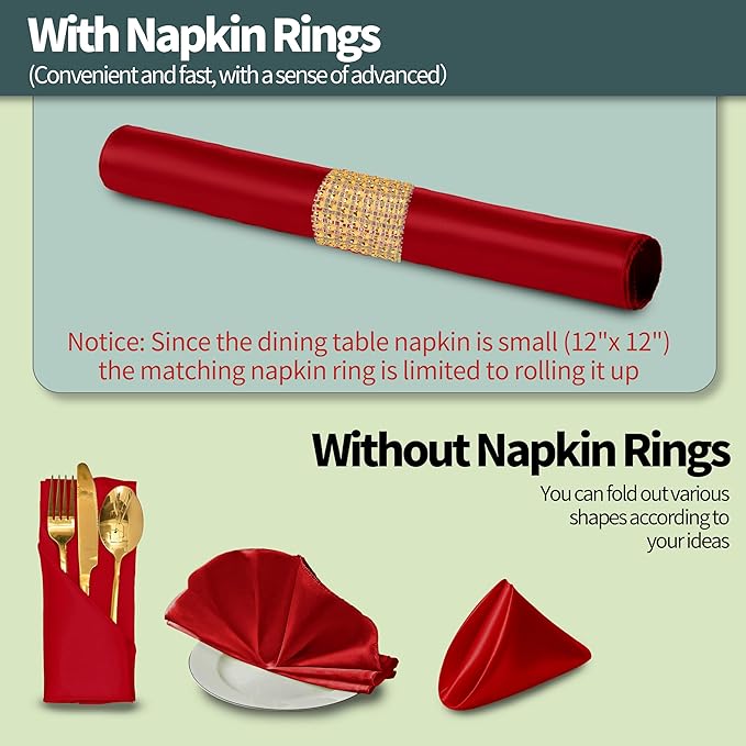 100 Pack Red Satin Napkins and Napkin Rings Set,12 x 12 Inch Silky Soft Cloth Napkins Set of 50,Square Satin Dinner Table Napkins Bulk for Wedding Banquet Restaurant Graduation Party Decoration