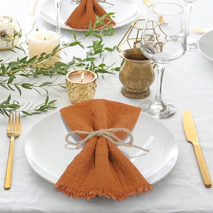 TURSTIN 12 Pieces Cotton Linen Cloth Napkin Handmade Cloth Napkin with Fringe 17 x 17 Inch Soft Dinner Wedding Napkins Square Rustic Fringe Table Napkins for Dinners, Parties, Weddings, Terracotta