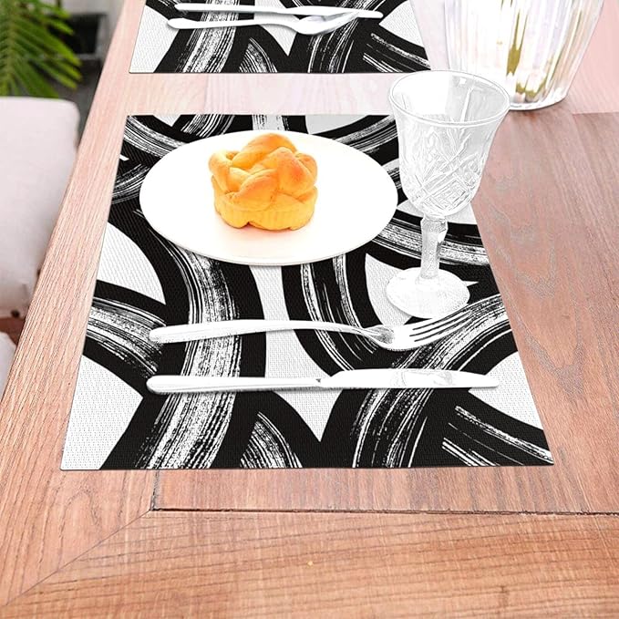 Black and White Curve Patterned Linen Placemats Set of 4, Washable Non-Slip Heat-Resistant Modern Abstract Art Decorative Kitchen Table Mats for Kitchen Dining Table Home Party Farmhouse, Home Decor