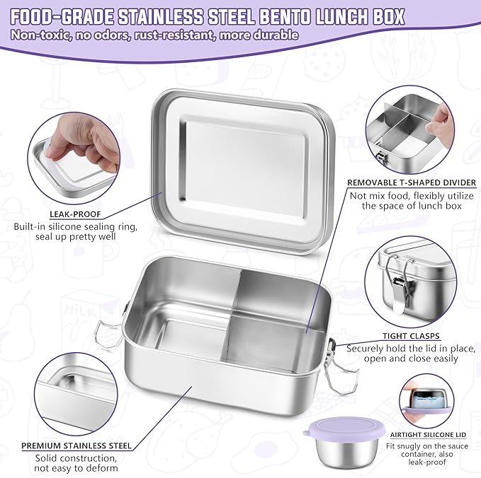 HaWare Lunch Box, 29oz (850ML) Stainless Steel Bento Box with Condiment Container and Carrying Bag, 3 Compartment Food Container for Kids and Adults, Leak-Proof Metal Snack Box, Dishwasher Safe