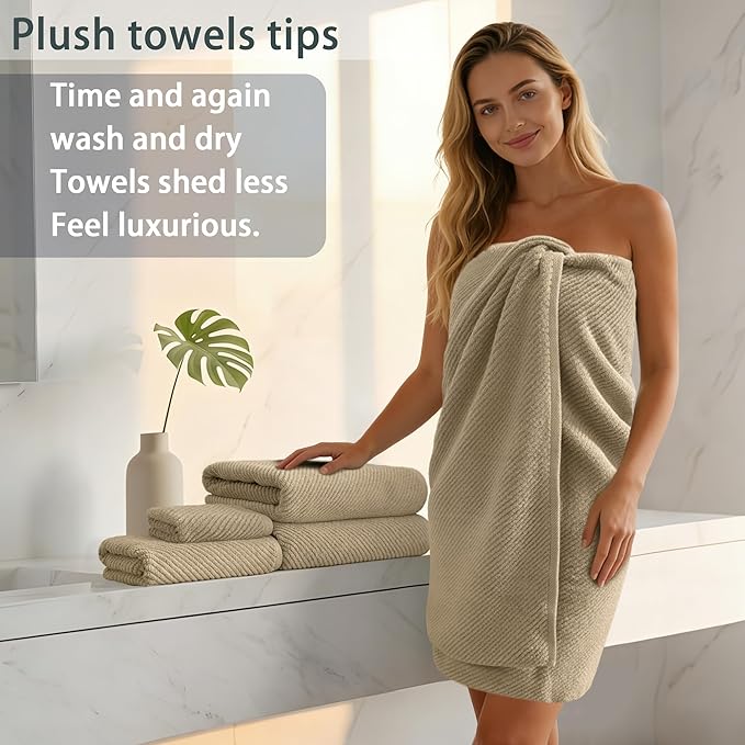 VOOVA & MOVAS Bath Towel Set, Large 30" x 56" - 100% Cotton | Quick Dry | Light Weight | Thick | Soft | Absorb, Lightweight Bath Towels, 4PC Shower Towels for Bathroom, Bathroom Essentials, Beige