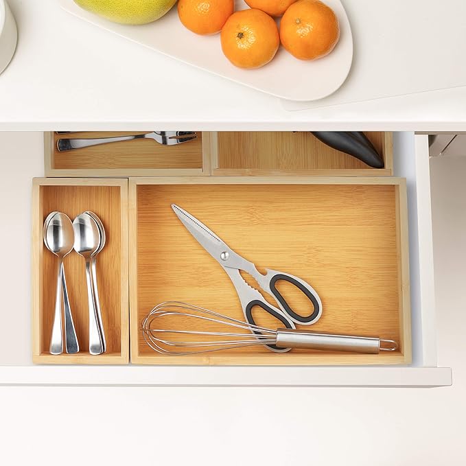 Relaxdays Organiser Boxes, Set of 5, Drawer Organiser System, Bamboo, Organiser, Kitchen, Bathroom & Office, Various Sizes, Natural