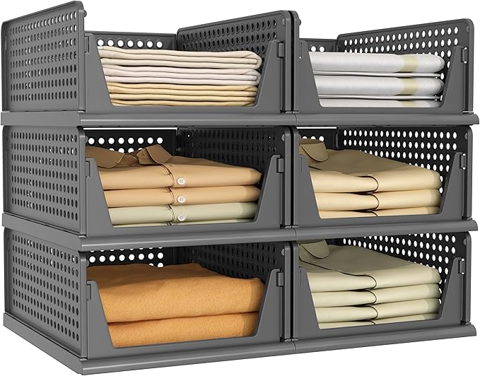 PinkPum 6 Pack Black Closet Organizers and Storage Plastic Stackable Storage Bins, Morden Foldable Drawer Shelf Storage Container for Wardrobe Kitchen Bathroom Dorm