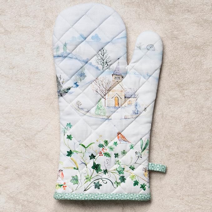 Maison d' Hermine Oven Gloves 100% Cotton Oven Mitt 7" x 13" with Loop Heat Resistant BBQ Cooking Gloves for Thanksgiving Christmas Decorations Baking Handling Hot Pans (Pack of 1, Snowy World)