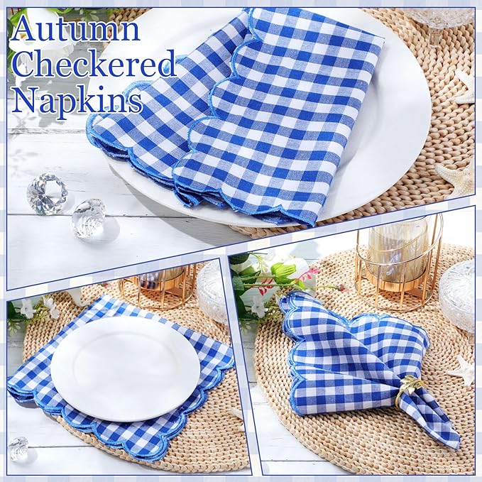SmoothNovelty 12 Pack Buffalo Plaid Cloth Napkins 18x18 Inch Spring Checkered Cloth Napkins Scalloped Soft Cotton Table Mat Washable Reusable for Dinner Wedding Birthday Parties (Classic,Navy Blue)