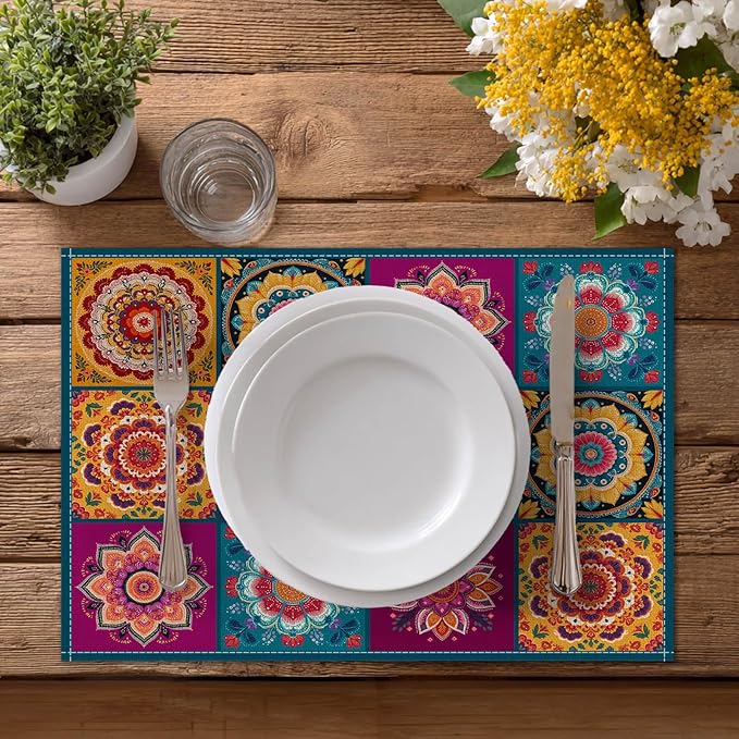 HOMETITUTE Placemats Set of 4 Linen 12x18 Inch Washable Table Mats Mandala Bohemian Style Christmas Place Mats Colorful Placemats Decorative Farmhouse Kitchen Dining Table Set