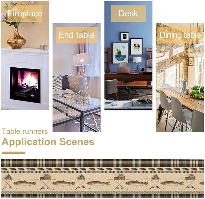 Vintage Fishing Table Runner Rustic Cabin Rods Lure Southwestern Check Art Printed Dinner Runner for Home Kitchen Dining Table Decor Fabric 1 Panel W13xL70in