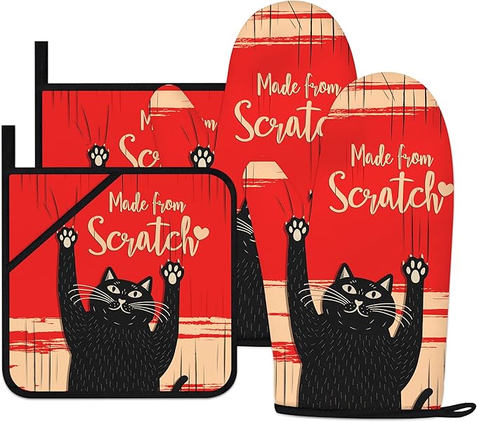 Funny Cat Oven Mitts and Pot Holders Sets Red Black Kitchen Decor Cute Cat Kitchen Accessories Funny Cat Gifts House Warming Birthday Cooking Gifts for Women (Red, Oven Mitts & Pot Holders)