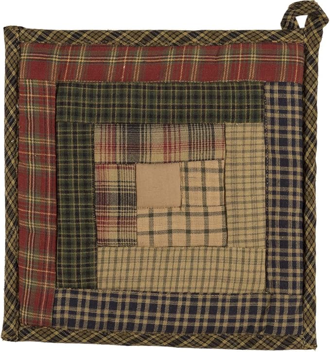 VHC Brands Tea Cabin Pot Holder Patchwork 8x8 Log Cabin Country Rustic Lodge Kitchen Tabletop Design, Moss Green and Deep Red