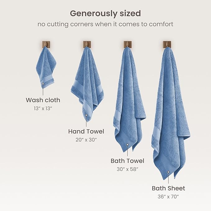 BIOWEAVES 100% Organic Cotton 700 GSM Plush 6-Piece Towel Set GOTS Certified, 2 Bath Towels, 2 Hand Towels & 2 Washcloths - Cerulean Blue