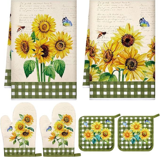 Leinuosen 6 Novelty Sunflower Kitchen Towels Kitchen Decor and Accessories Set Floral Plant Oven Mitts and Pot Holders Sets Farmhouse Absorbent Dish Towels for Cooking Baking Grilling