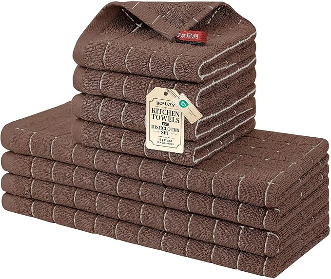 Homaxy Kitchen Towels and Dishcloths Set, 12 x 12 and 13 x 28 Inches, Set of 8 Bulk Cotton Terry Kitchen Towels Set, Checkered Designed, Soft and Super Absorbent Dish Cloths, Brown