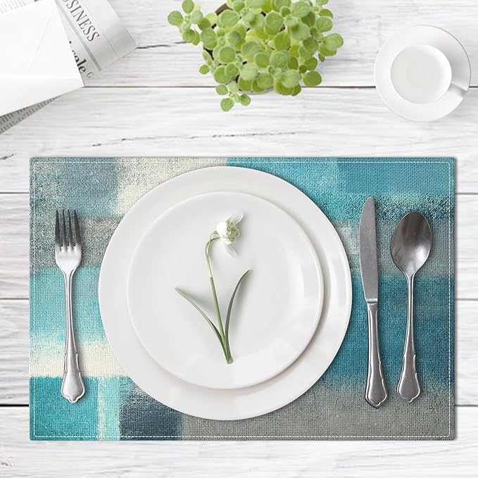 Emvency Farmhouse Placemats Set of 6,12x18 Inch Linen Rectangular Place Abstract Modern Teal Blue Coastal Table Mats for Indoors & Outdoor Home Party Kitchen Dining Decoration