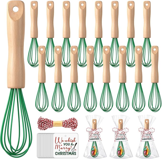Baderke 20 Sets Baking Gifts Set Includes 8 Inch Silicone Whisk with Wood Handle Wired Stainless Steel Whisk Set Greeting Cards Plastic Bags for Party Birthday Christmas Stuffers Gift(Green)