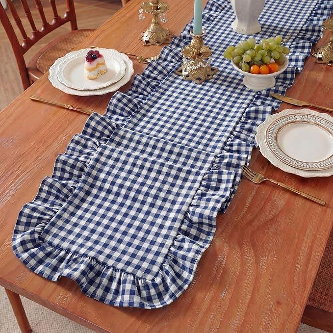 HunnmingRe 1 Pcs Navy Blue Plaid Gingham Ruffle Table Runner 118 x 13.8'' Farmhouse Table Runner 100% Cotton Scalloped Long Dresser Scarves for Dining Room, Wedding, Kitchen Rustic Home Decor