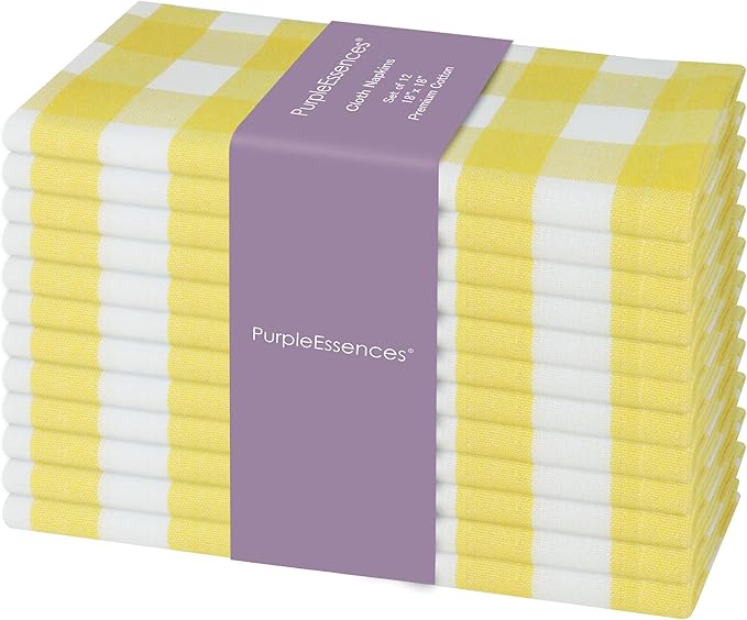 PurpleEssences Buffalo Plaid Cloth Napkins - Mitered Corners - Spring Easter Summer - Gingham Check Dinner Napkin - Set of 12-100% Cotton - 18x18 Inch - Reusable Washable - Yellow and White