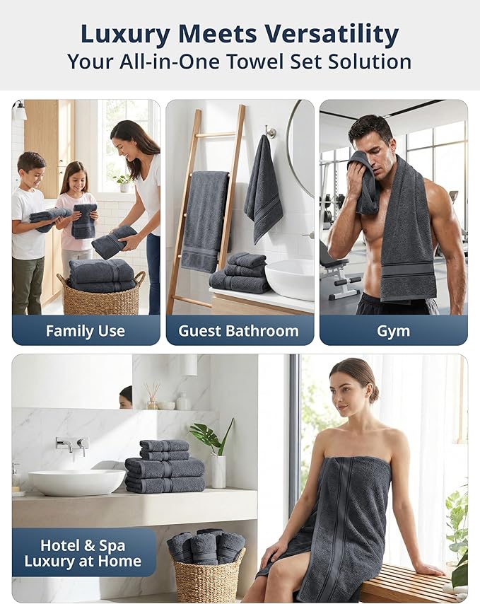 LANE LINEN Towel and Washcloths Set of 12 – 100% Cotton, Zero Twist, 4 Large Bath Towel, 4 Hand Towels & 4 Wash Cloths, Quick Dry & Long-Lasting, Perfect for Family Bathrooms, Easy Care – Cool Grey