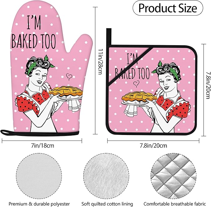 Funny Oven Mitts and Pot Holders Sets Pink Kitchen Accessories Cute Kitchen Decor Funny House Warming Gifts Heat Resistant Cooking Baking Gifts for Women (Pink, Oven Mitts & Pot Holders)