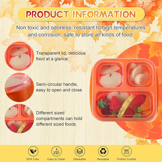 Honeydak 5 Pack Snack Containers 3 Compartment Bento Snack Boxes Divided Meal Prep Containers with Lids Reusable Adults Lunch Food Storage Box for School Work Travel(Fall Color)
