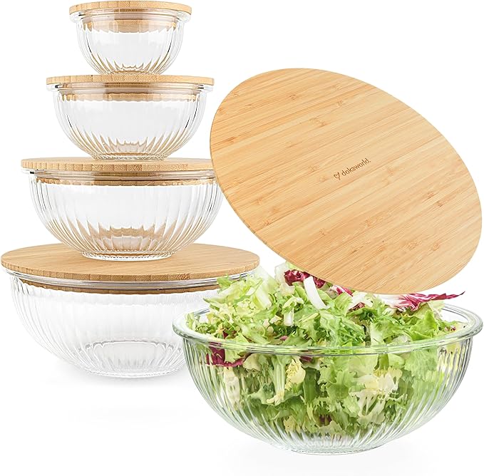 Stackable Space-Saving Set of 5 Nesting Glass Bowls with Bamboo Lids for Foodprep, Storage, Baking, Mixing & Cooking, Microwave & Oven Safe BPA Free Heat Resistant Inert Borosilicate Glass