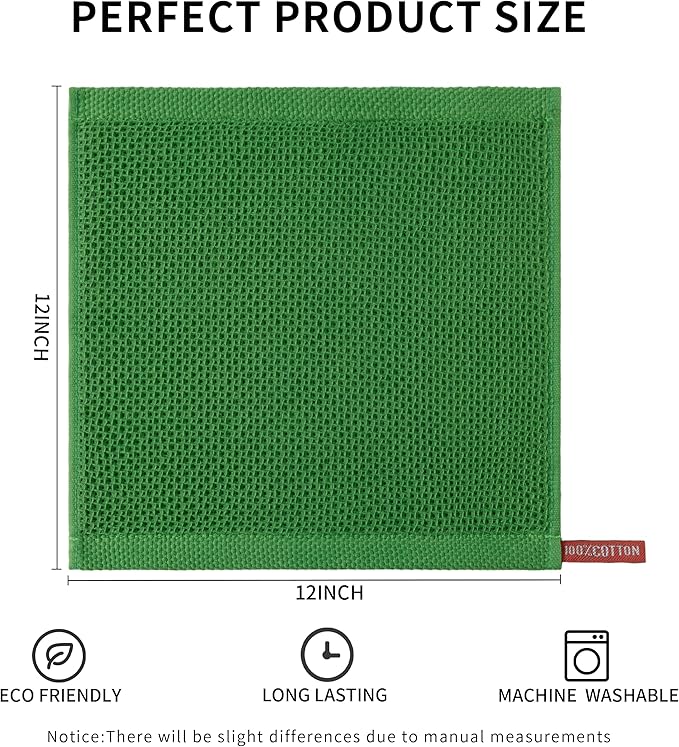 joybest Cotton Kitchen Dish Cloths, 8-Pack Waffle Weave Ultra Soft Absorbent Dish Towels Washcloths Quick Drying Dish Rags, 12x12 Inches, Green