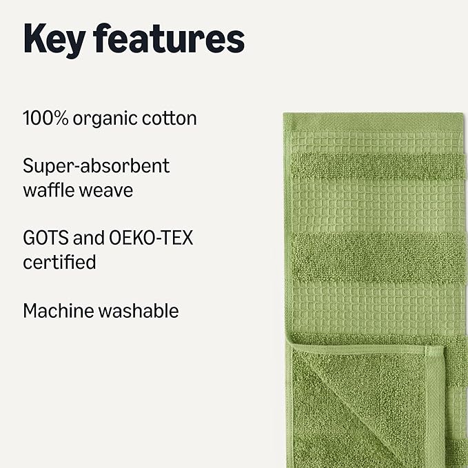 Amazon Basics Organic Cotton Waffle Weave Kitchen Dish Cloths, Ultra Absorbent, Quick Drying, Lint-Free, 12 x 12 inches, 6-Pack (2 Brown, 2 Green, 2 Navy)
